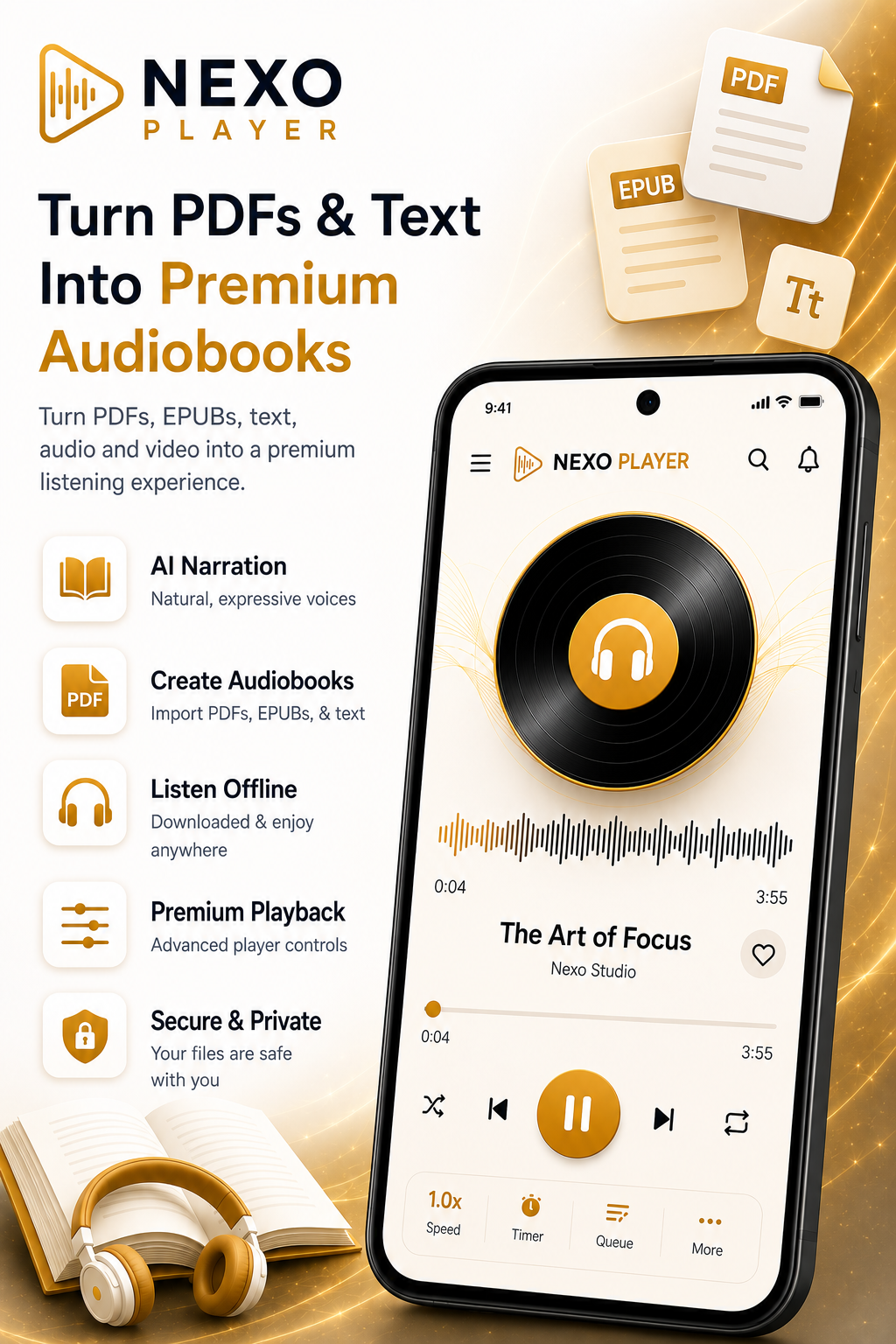 Turn PDFs & Text Into Premium Audiobooks